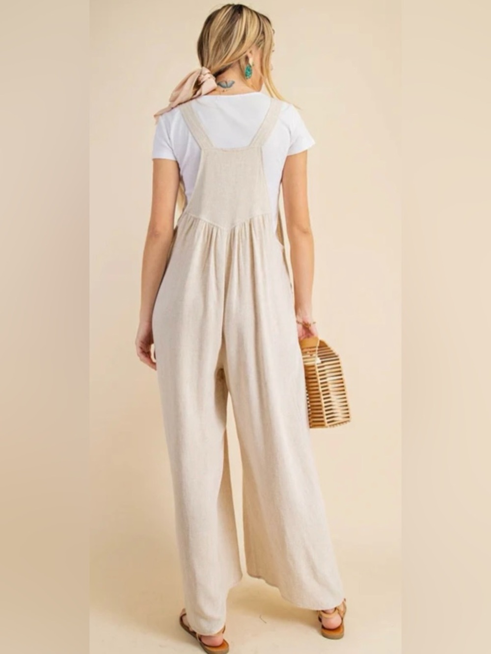 NWT Kori Cream Linen Blend Wide-Leg Overalls Jumpsuit Large - Picture 3 of 8